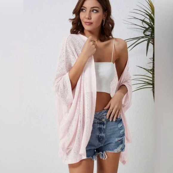 Pink Sheer Lightweight Knit Long Sleeve Cardigan | Pink | One Size - Picture 2 of 4